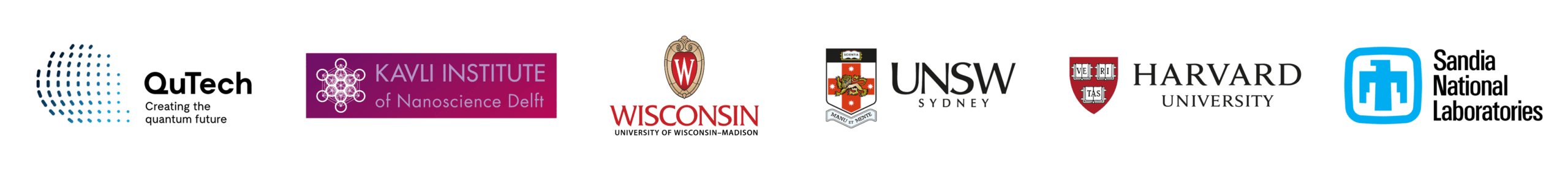 Logo's of consortium partners QuTech, Kavli Institute of Nanoscience, University of Wisconsin-Madison, University of New South Wales, Harvard University, Sandia National Laboratories