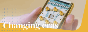 Cover of the QuTech Annual Report for 2024, showing the title "Changing eras" and a picture of a quantum processor.